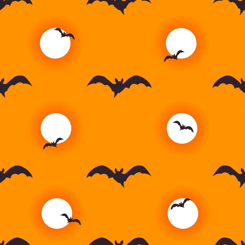 halloween naadloos patroon achtergrond. vliegend vleermuizen en bloederig maan geïsoleerd Aan oranje voor ontwerp halloween uitnodigingen, kaarten, menu. vector tekenfilm illustratie