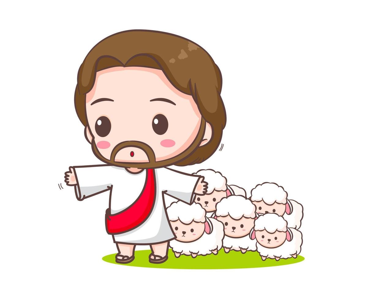 Jezus Christus beschermt de schapen tekenfilm karakter. schattig mascotte illustratie. geïsoleerd wit achtergrond. bijbels verhaal religie en vertrouwen. vector