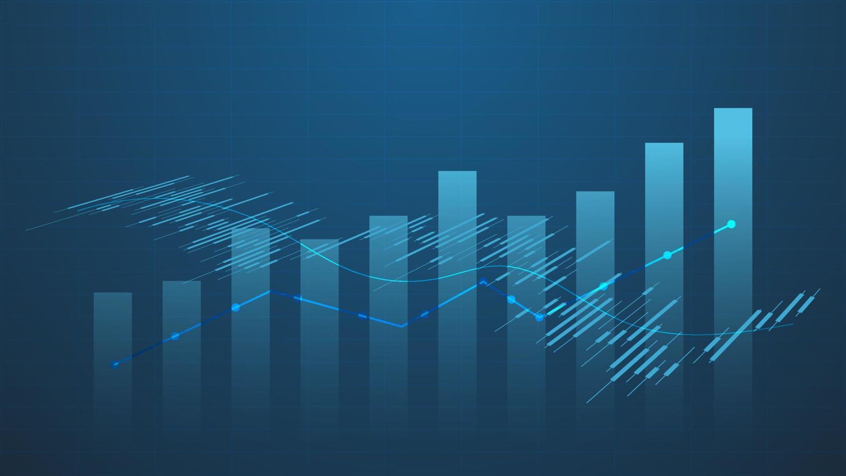 voorraad markt en cryptogeld handel tabel concept. kandelaar en bar diagram met volume indicator tonen digitaal geld of financieel statistieken en bedrijf verdienen beheer Aan blauw achtergrond vector