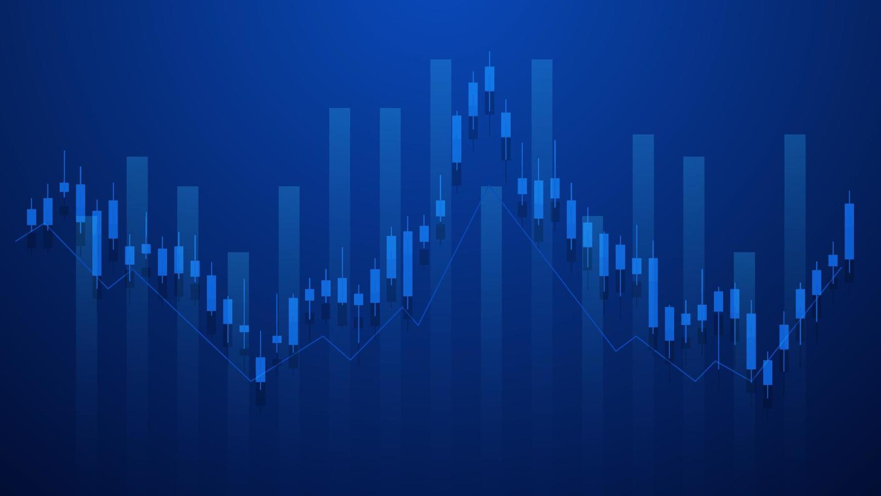 financiële bedrijfsstatistieken met staafdiagram en kandelaargrafiek tonen beurskoers en effectief verdienen op blauwe achtergrond vector