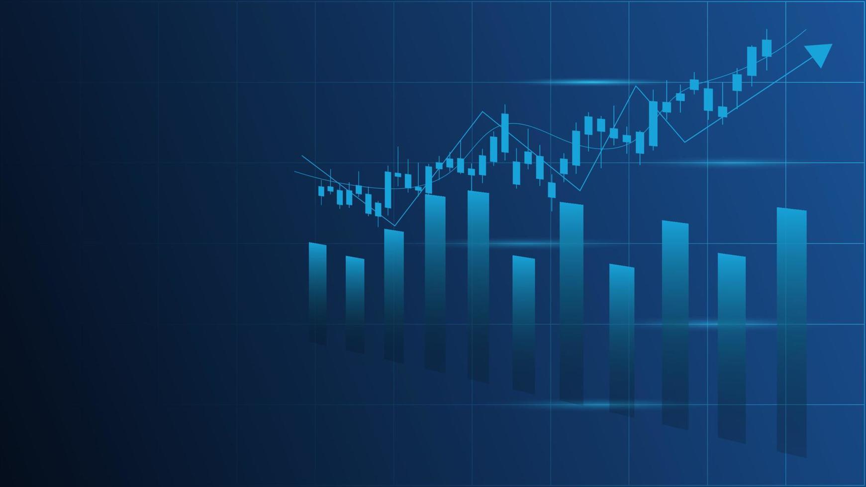 economie situatie concept. financieel bedrijf statistieken met bar diagram en kandelaar tabel tonen voorraad markt prijs en valuta uitwisseling Aan blauw achtergrond vector