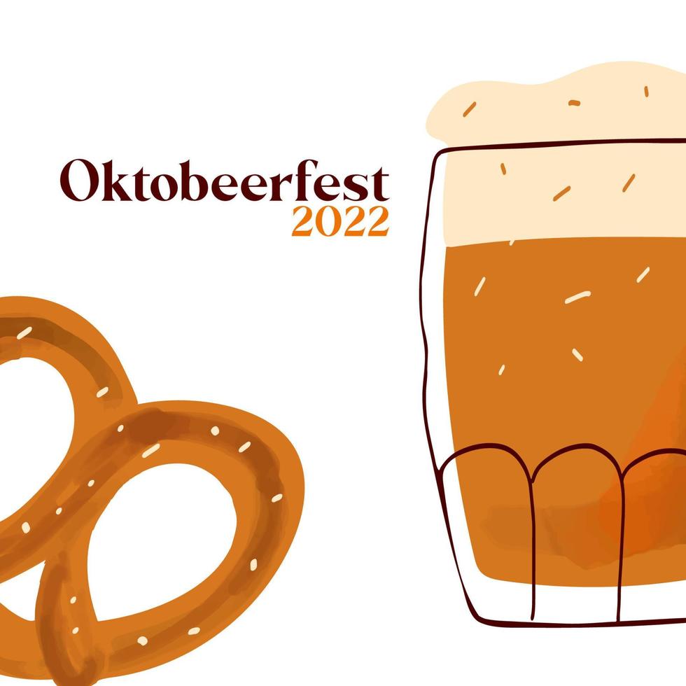 oktoberbierfeest 2022 illustratie met gestileerde bier mok, met traditioneel tussendoortje zoute krakeling Aan wit achtergrond vector