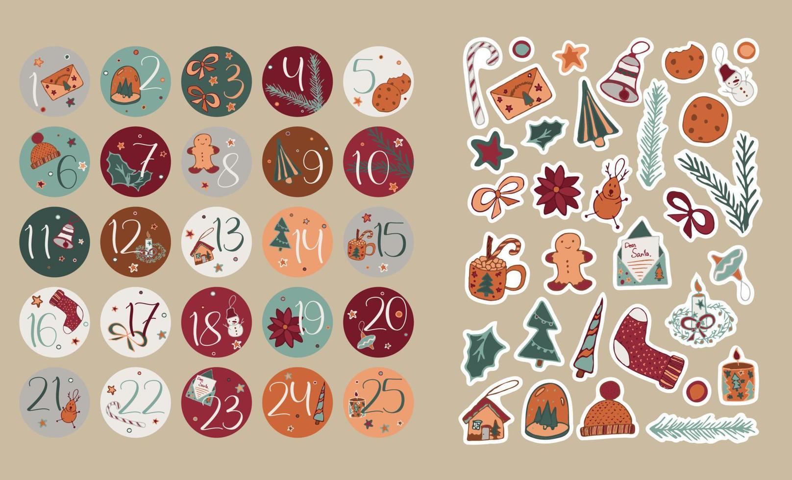 reeks van Kerstmis stickers met offset naar afdrukken. ronde countdown 1 naar 25 voor vakantie. winter clip art voor sublimatie of ontwerper decor vector