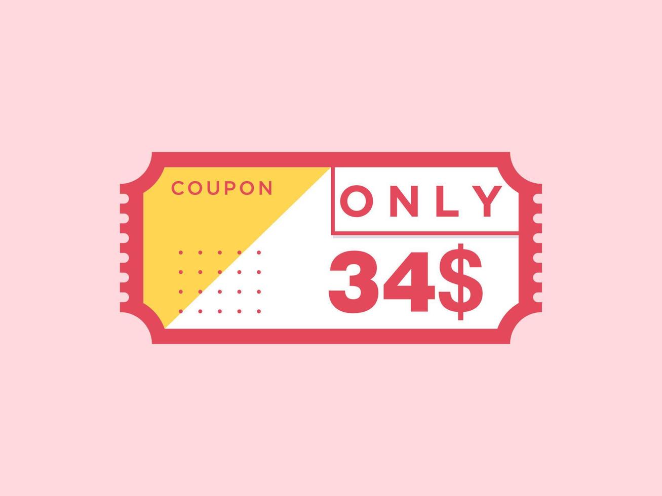 34 dollar enkel en alleen coupon teken of etiket of korting tegoedbon geld besparing label, met coupon vector illustratie zomer aanbod loopt af weekend vakantie