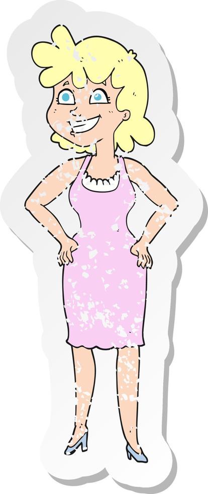 retro verontrust sticker van een tekenfilm gelukkig vrouw vervelend jurk vector