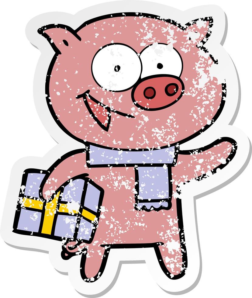 noodlijdende sticker van een vrolijk varken met kerstcadeau vector