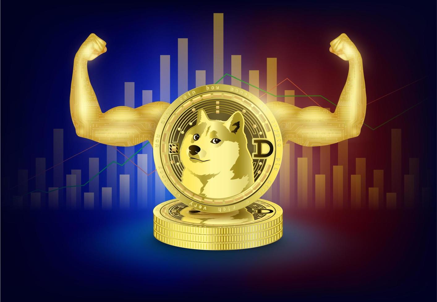 goud munt dogecion crypto munteenheid. krachtig met armen tonen sterk spieren gouden. technologie elektronisch betaling futuristisch. voorraad markt blockchain en globaal economie boom. 3d vector