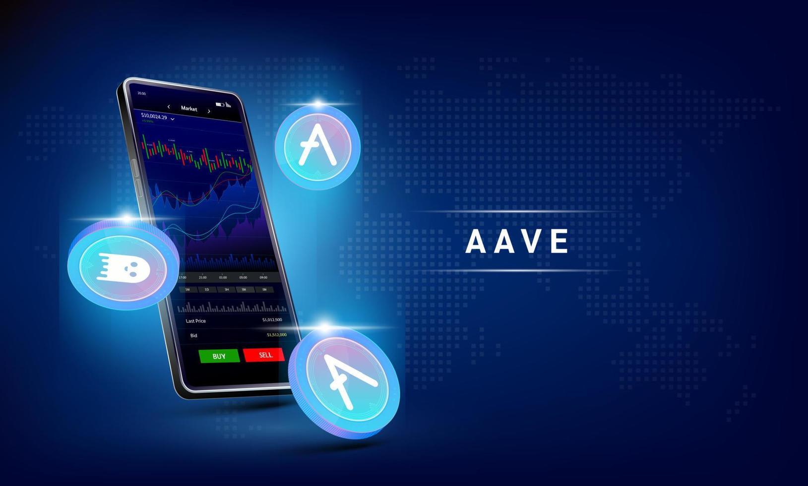 aave munt en telefoon. app voor handel crypto valuta Aan de tintje scherm smartphone. gegevens analytics voorraad markt. trends en financieel strategie. mobiel bank cryptogeld. vector 3d.