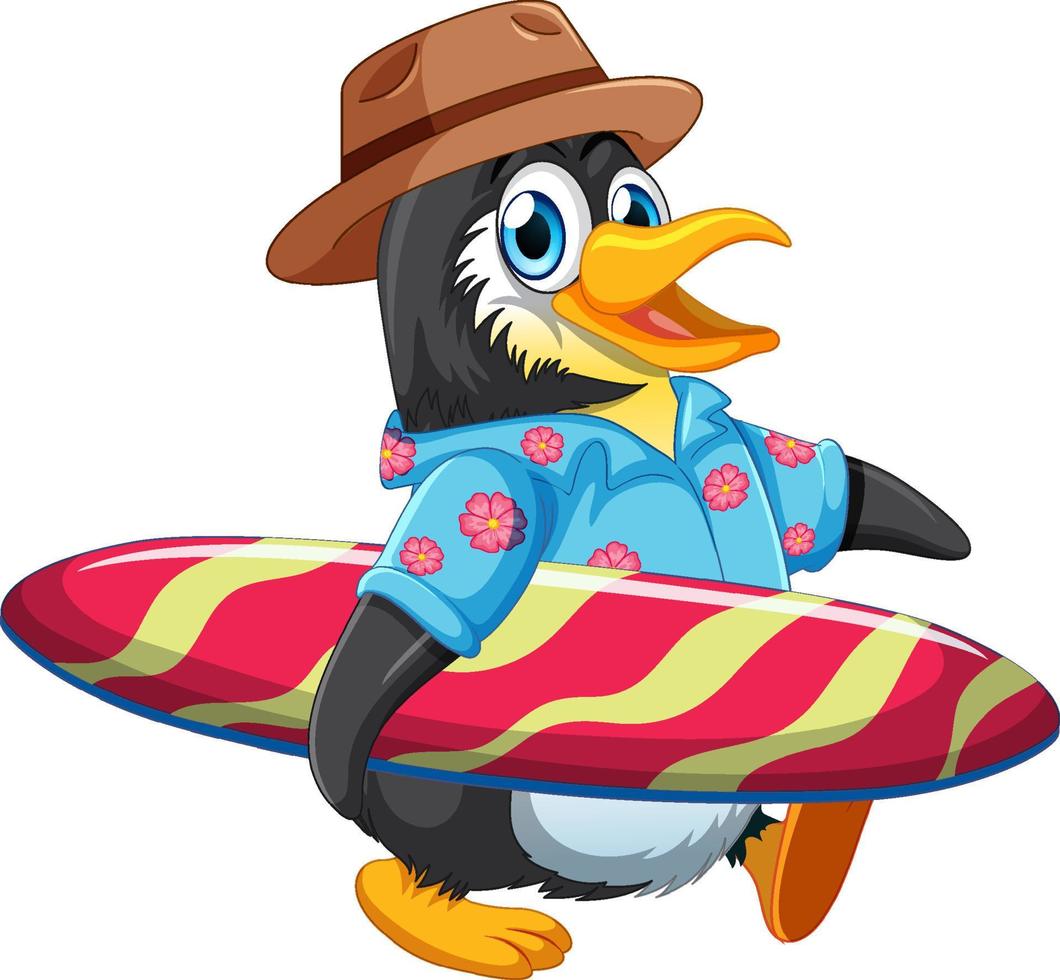schattig pinguïn tekenfilm karakter Holding surfboard vector