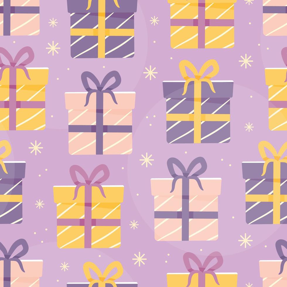 naadloos feestelijk patroon met cadeaus en sneeuwvlokken in tekenfilm stijl. vector Kerstmis illustratie achtergrond.