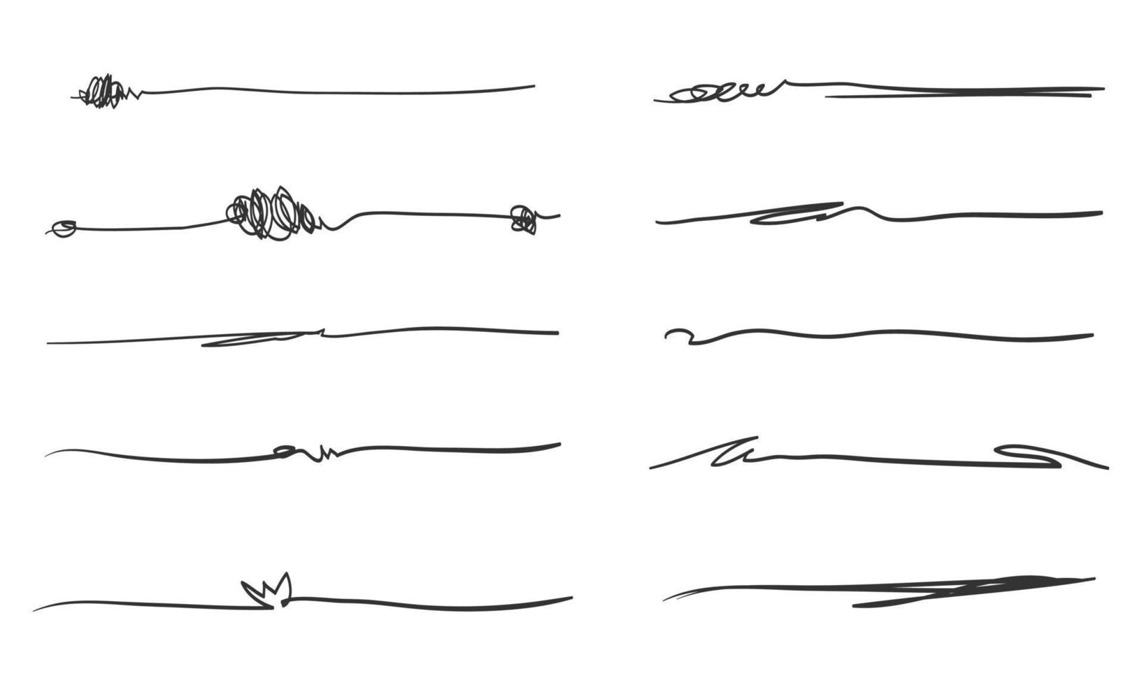 set handgetekende lijnen. doodle ontwerpelement met onderstreping, krabbel, sierletters, swoops. wervelen. vector illustratie