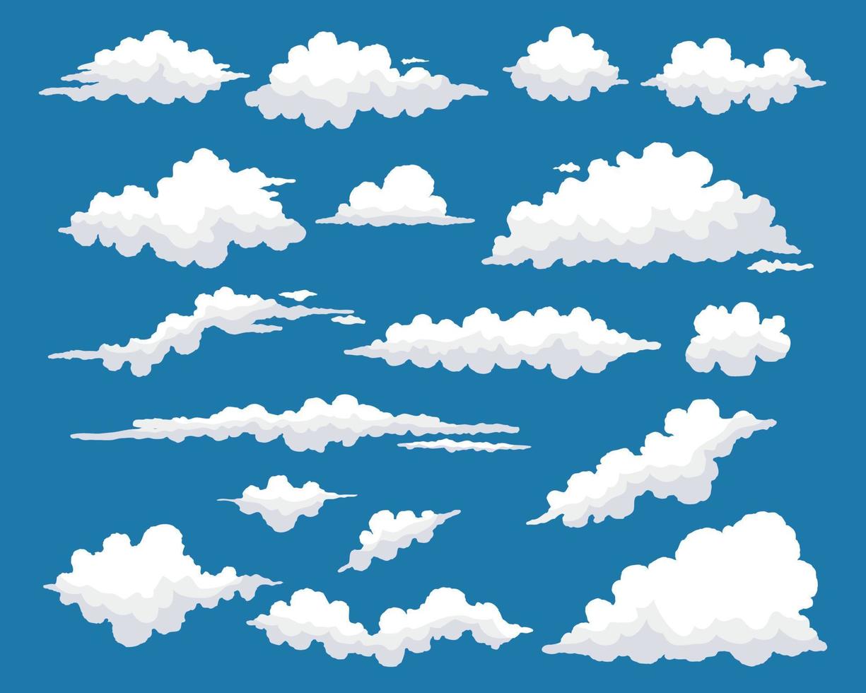 wit wolken reeks in verschillend vormen Aan blauw achtergrond vector