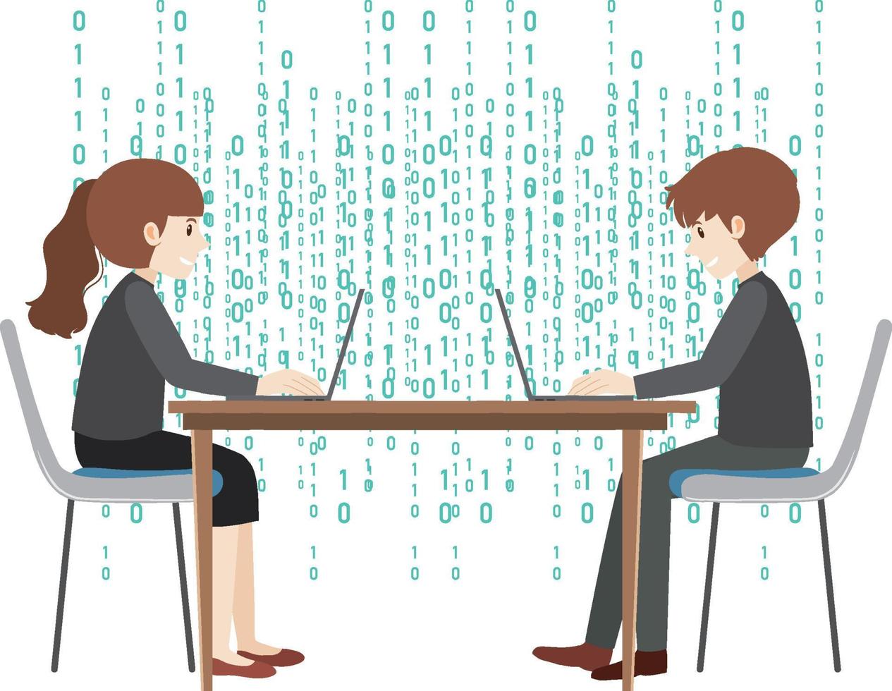 twee mensen gebruik makend van laptop met binair code achtergrond vector