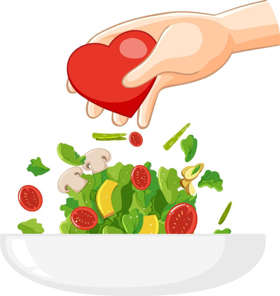 groente salade kom en hand- Holding hart vector