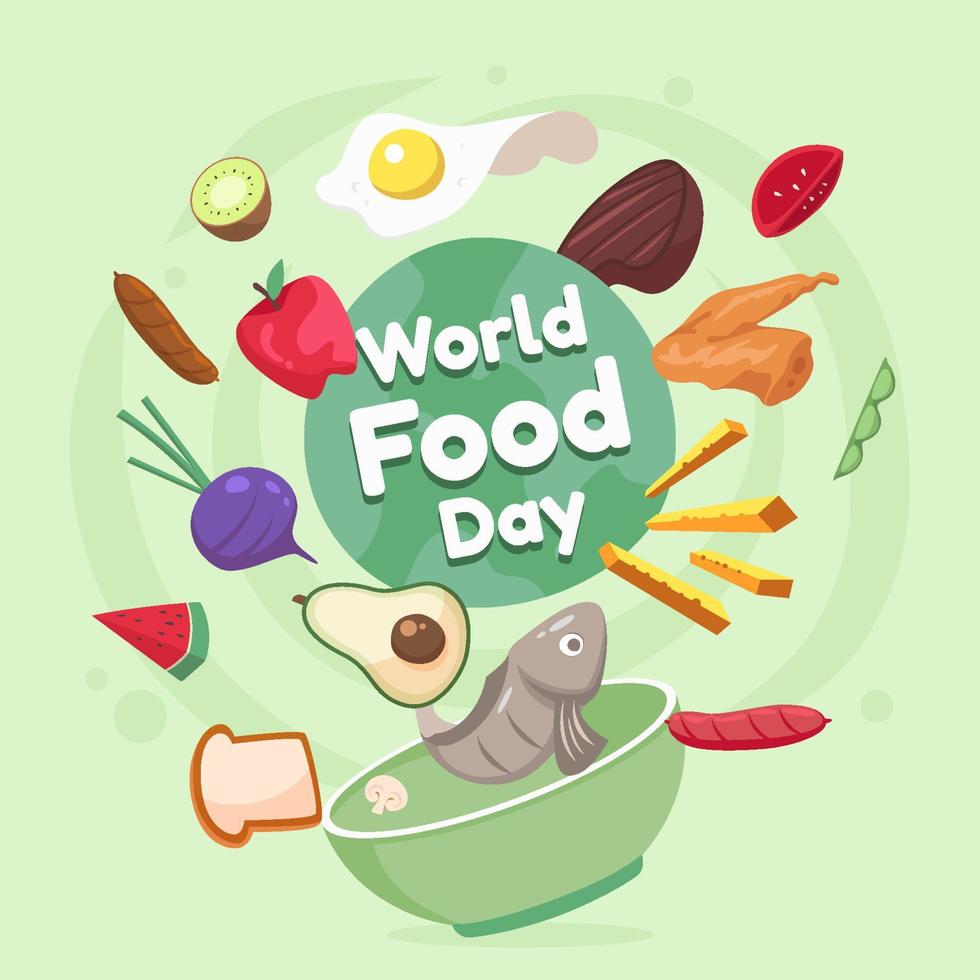 vlak veel types van voedsel drijvend over- de kom in wereld voedsel dag vector