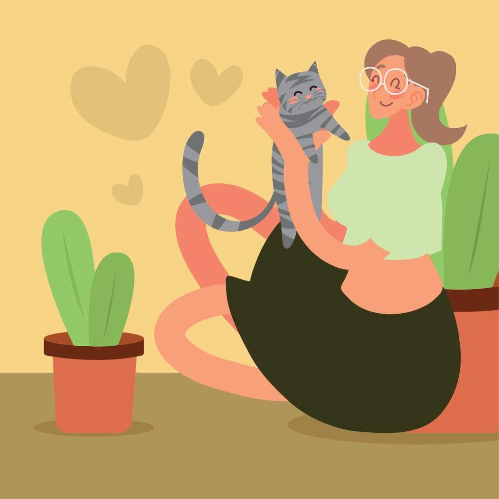 vrouw spelen met kat vector