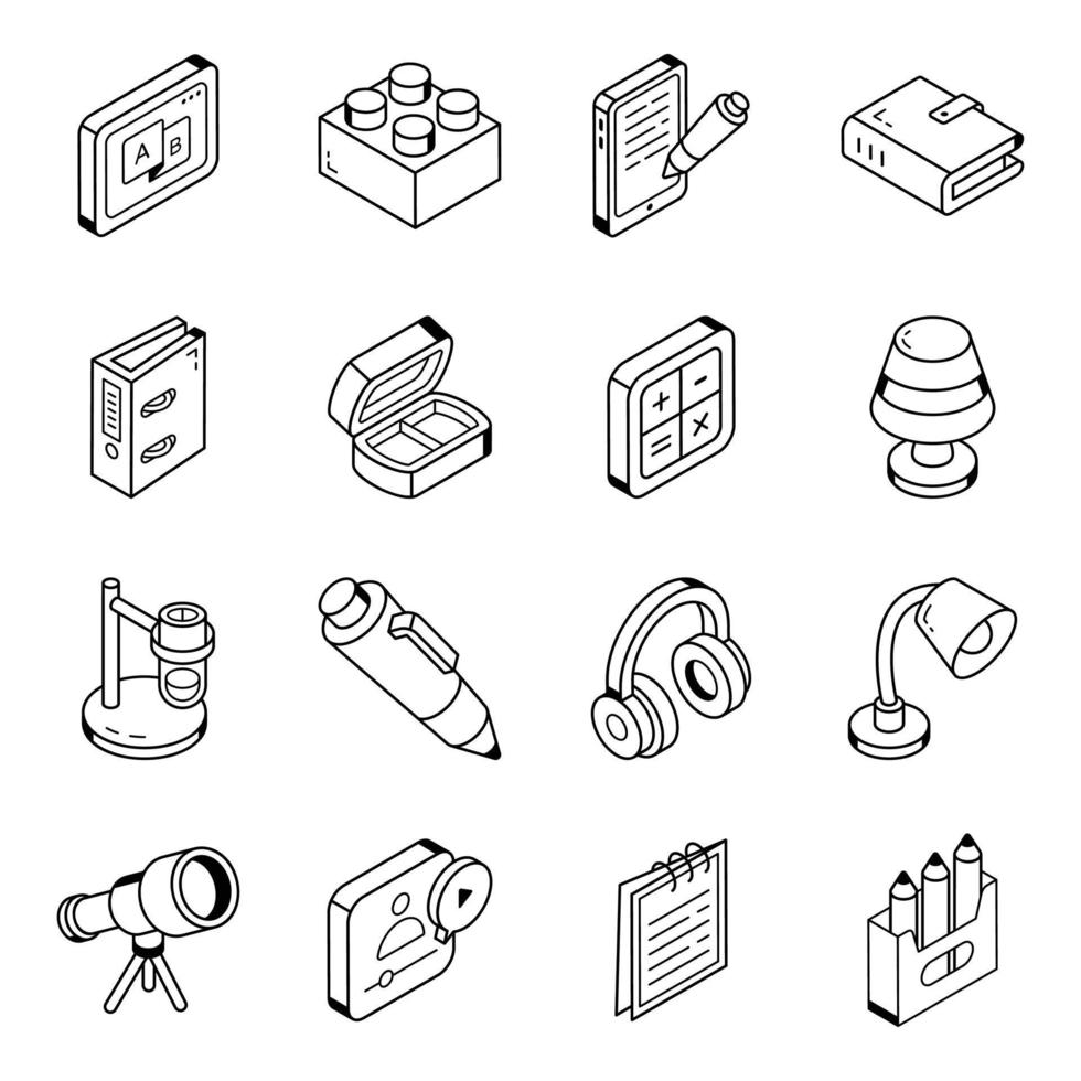 lijn isometrische pictogrammen van aan het leren en onderwijs vector