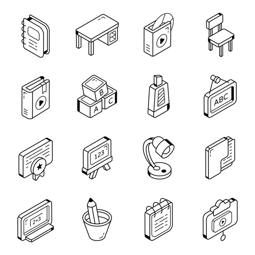 pak van onderwijs isometrische lijn pictogrammen vector