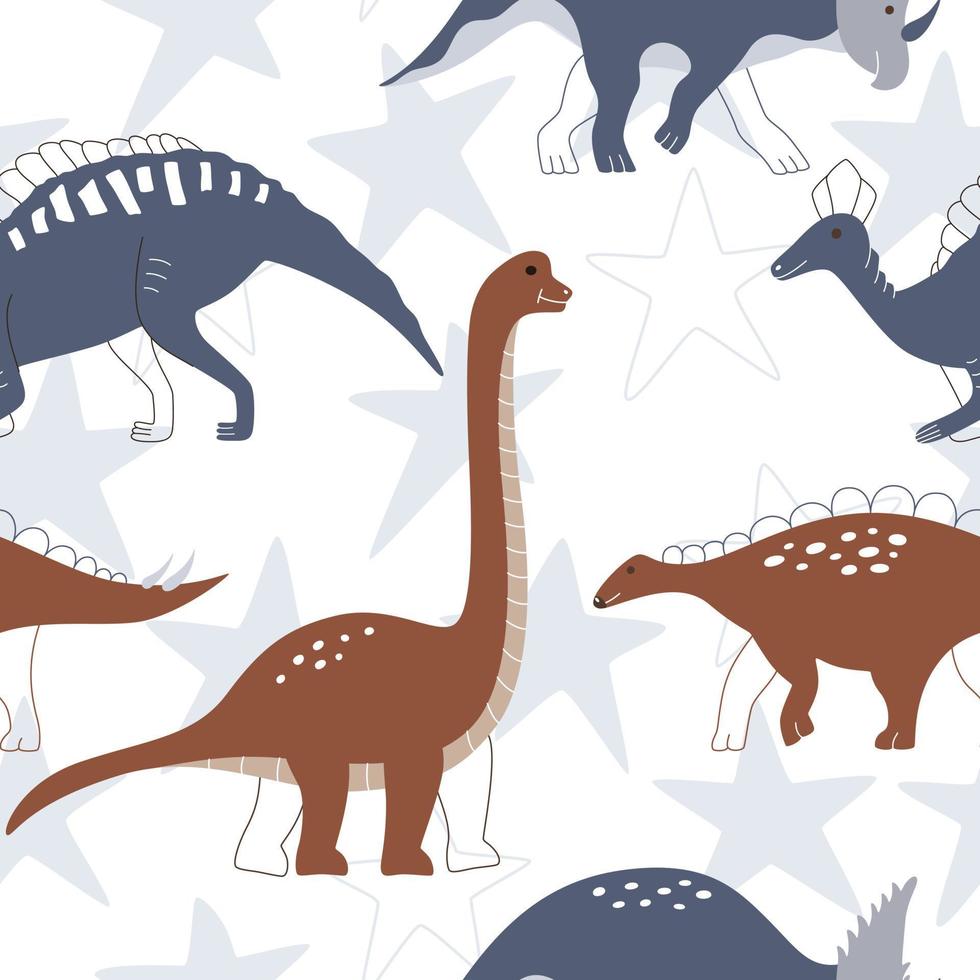 schattig baby dinosaurussen in blauw sterren. vector naadloos patroon met speels dieren voor behang, kleding stof, of verjaardag kaarten.