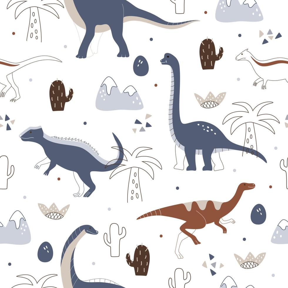 nordic blauw naadloos patroon met schattig dinosaurussen en palm. vector illustratie voor kleding stof, behang, en afdrukken.