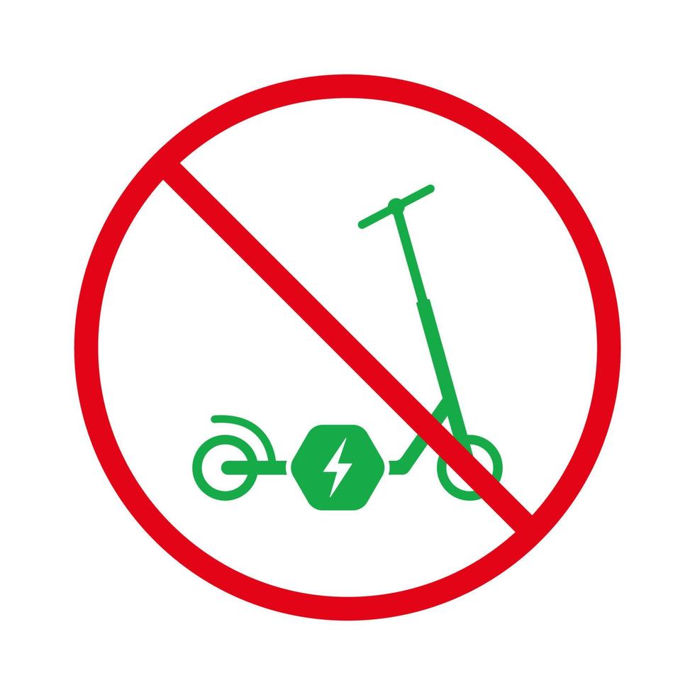 elektriciteit vervoer rood hou op symbool. Nee toegestaan Duwen wiel fiets teken. verbod elektronisch trap scooter zwart silhouet icoon. verbieden elektrisch macht trap scooter pictogram. geïsoleerd vector illustratie.