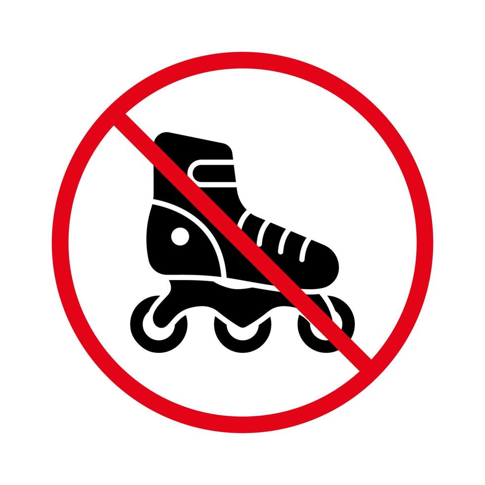 verbod rolschaats zwart silhouet icoon. verboden rol vleet pictogram. sport schoenen rood hou op cirkel symbool. Nee toegestaan het schaatsen teken. verboden rollen zone. geïsoleerd vector illustratie.