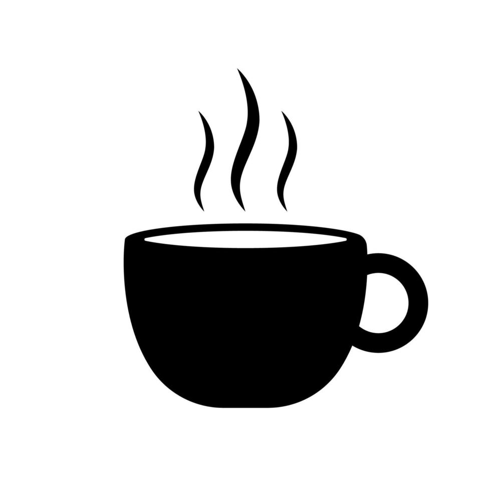 kop van heet koffie zwart silhouet icoon. mok van stoom- thee Aan schotel glyph pictogram. ochtend- ontbijt vloeistof drank vlak symbool. vers drinken in theekopje gemakkelijk logo. geïsoleerd vector illustratie.
