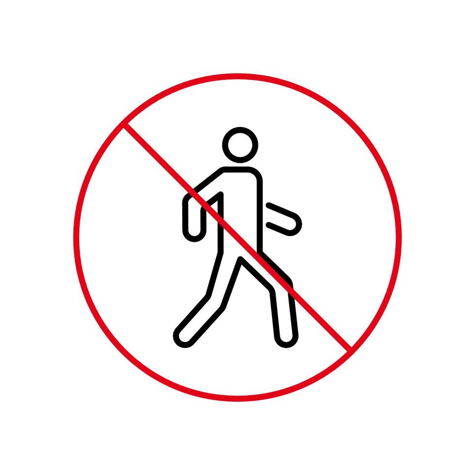 verbod Mens voetganger wandelen door straat zwart lijn icoon. mensen binnenkomst verboden schets pictogram. verboden voetganger invoeren rood hou op cirkel symbool. Nee Ingang teken. geïsoleerd vector illustratie.