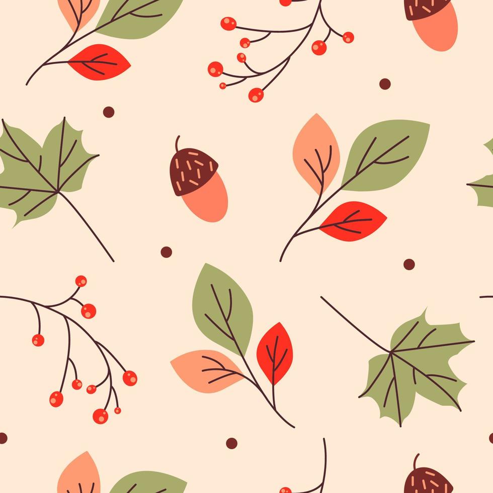 naadloos herfst patroon met eikels, bladeren en lijsterbes takjes. perfect voor behang, geschenk papier, patroon vullen, web bladzijde achtergrond, herfst groet kaarten. vector illustratie.