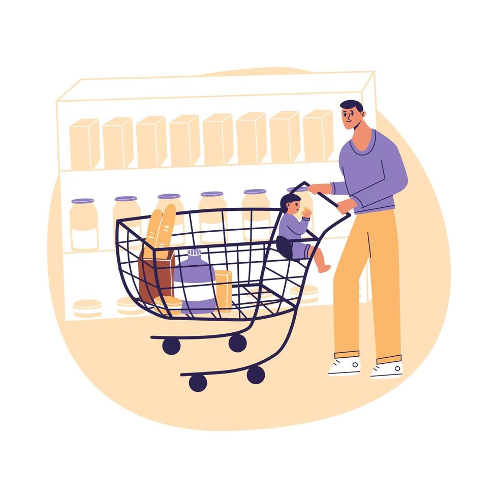 jong Mens buying voedsel kruidenier sectie Bij supermarkt. vader met kind jongen binnen boodschappen doen kar. dagelijks routine. vlak tekenfilm vector illustratie, modieus kleuren, geïsoleerd Aan wit achtergrond.