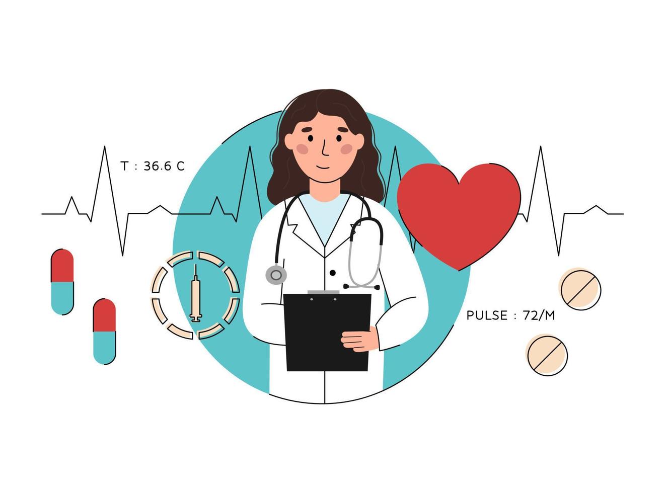 dokter vrouw met klembord en stethoscoop vector illustratie. achtergrond met capsules, pillen, spuit, cardiogram, hart, temperatuur en pulse gegevens. medisch concept