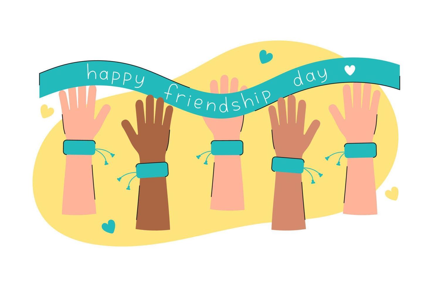 multiraciaal handen verheven omhoog in vriendschap armbanden Aan een geel achtergrond. Internationale vriendschap dag vlak vector illustratie. diy polsbandjes