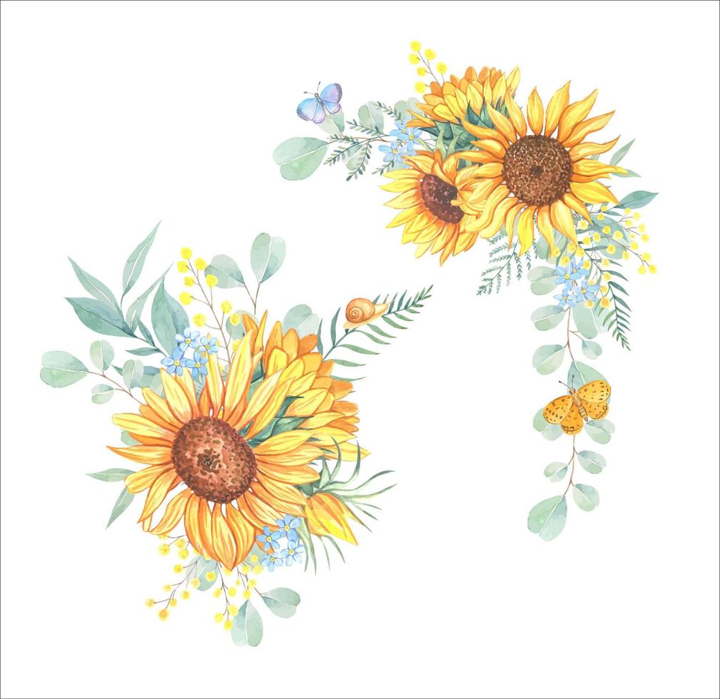 boeketten van zonnebloemen en wilde bloemen. aquarel compositie vector
