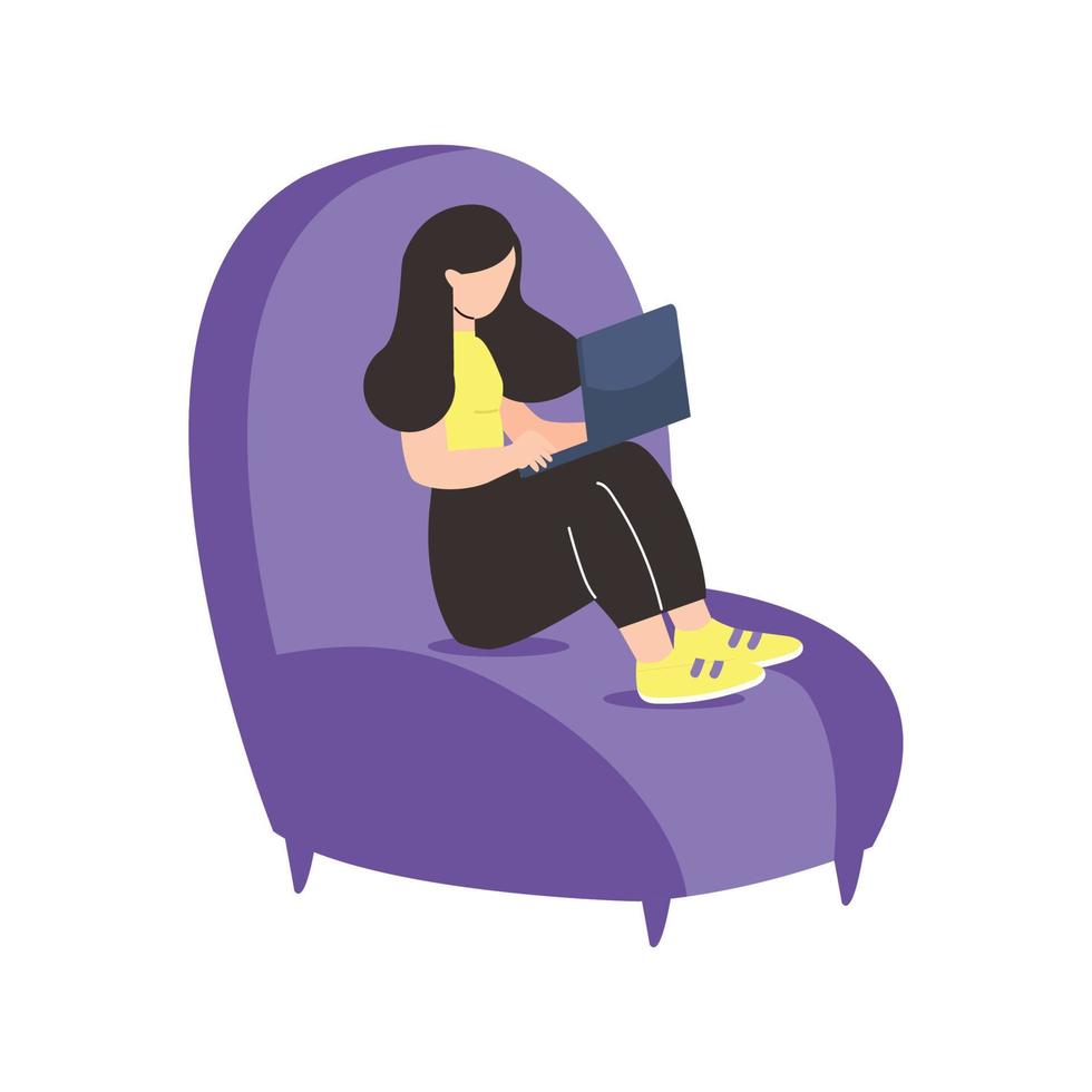 vrouw werken met laptop Aan Purper sofa vector