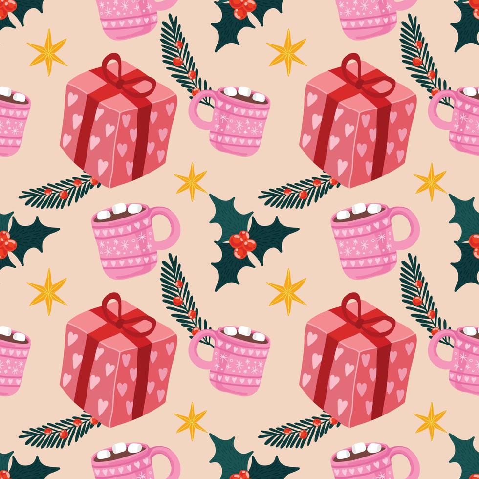 schattig Kerstmis items naadloos patroon ontwerp voor omhulsel papier Aan roze achtergrond vector