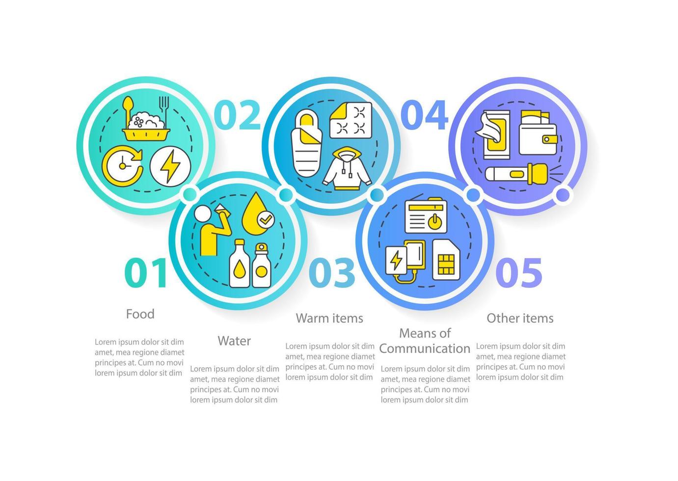 benodigdheden naar overleven Aan bezet gebieden cirkel infographic sjabloon. gegevens visualisatie met 5 stappen. werkwijze tijdlijn info grafiek. workflow lay-out met lijn pictogrammen. vector