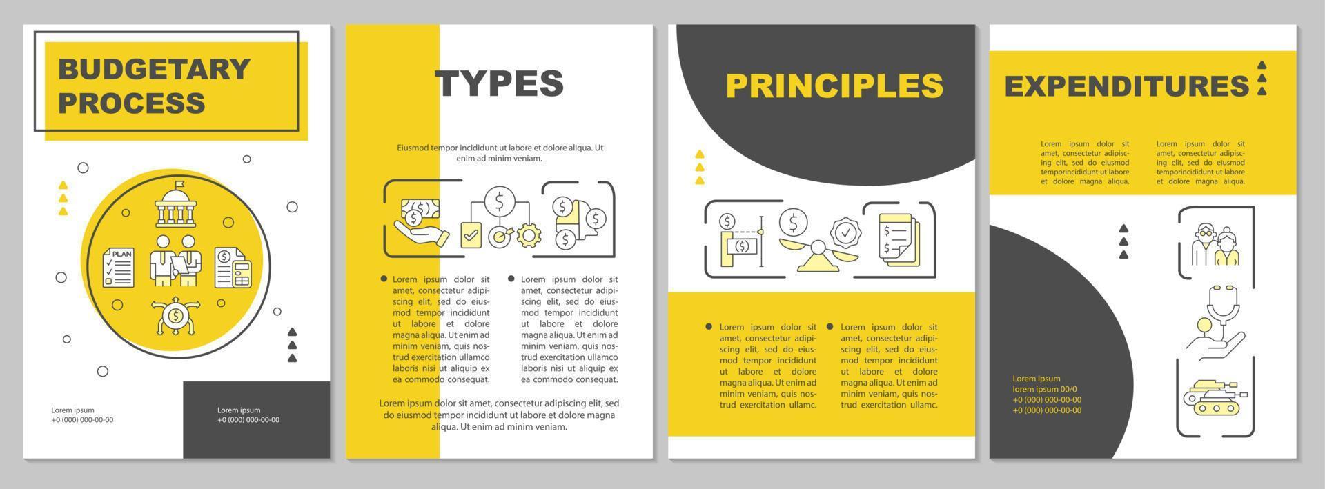 regering budgettering geel brochure sjabloon. financieel plan. brochure ontwerp met lineair pictogrammen. 4 vector indelingen voor presentatie, jaar- rapporten.