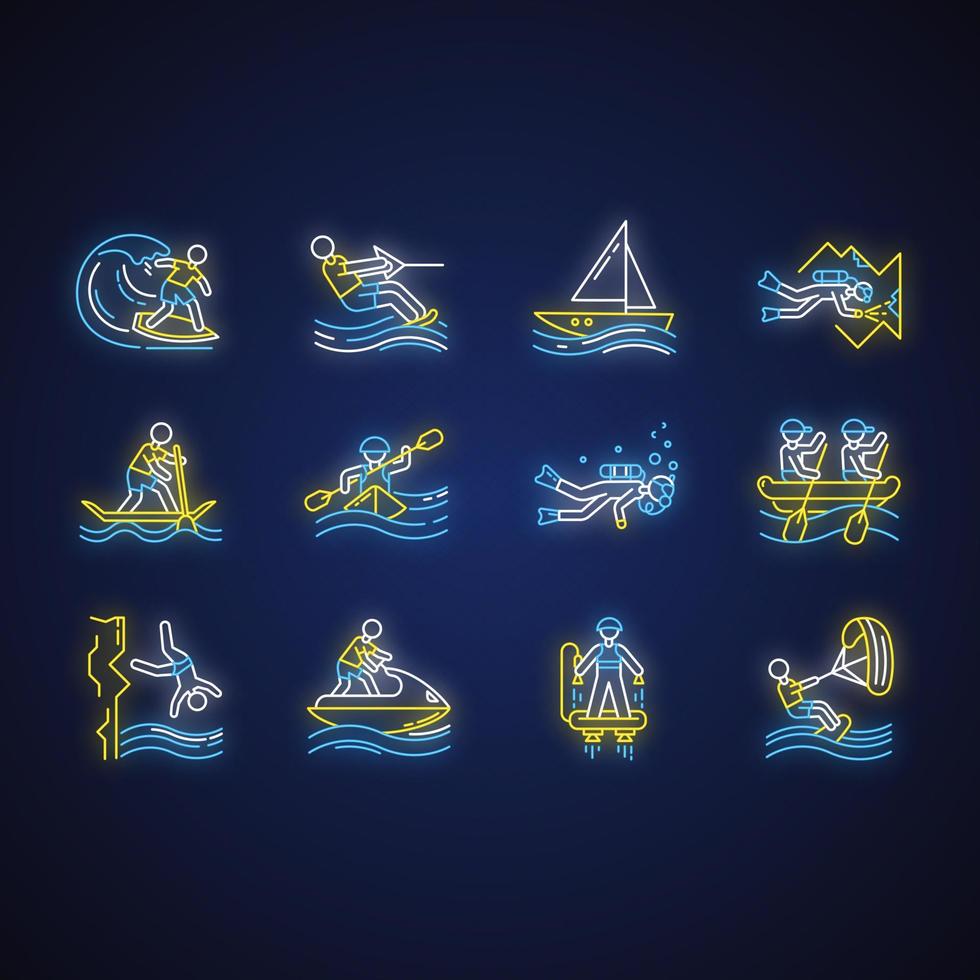 watersport neon licht pictogrammen set. grot duiken, kiteboarden, flyboarden en Jet skiën. klif jumping en peddelen surfen. extreem soorten van sport. gloeiend tekens. vector geïsoleerd illustraties