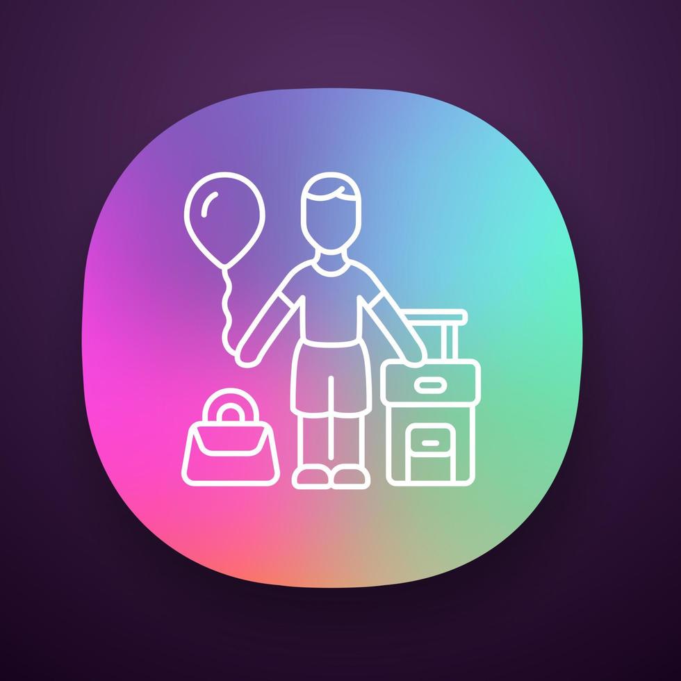 immigrant kind app icoon. kind reizen Buitenland. vakantie, toerisme. reiziger met lucht ballon, dragen Aan handtas en koffer. ui ux gebruiker koppel. web of mobiel sollicitatie. vector geïsoleerd illustratie