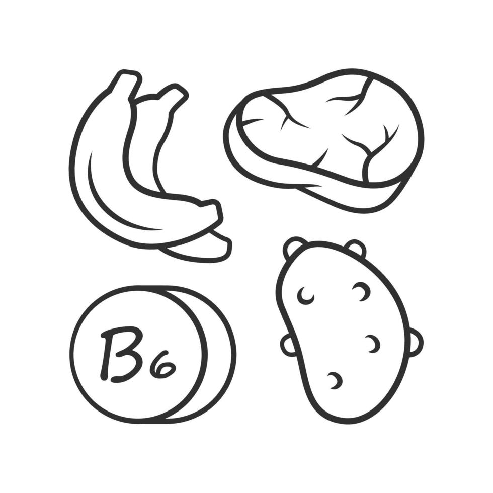 vitamine b6 lineair icoon. vlees, banaan en aardappel. gezond aan het eten. pyridoxine natuurlijk voedsel bron. dun lijn illustratie. contour symbool. vector geïsoleerd schets tekening. bewerkbare beroerte