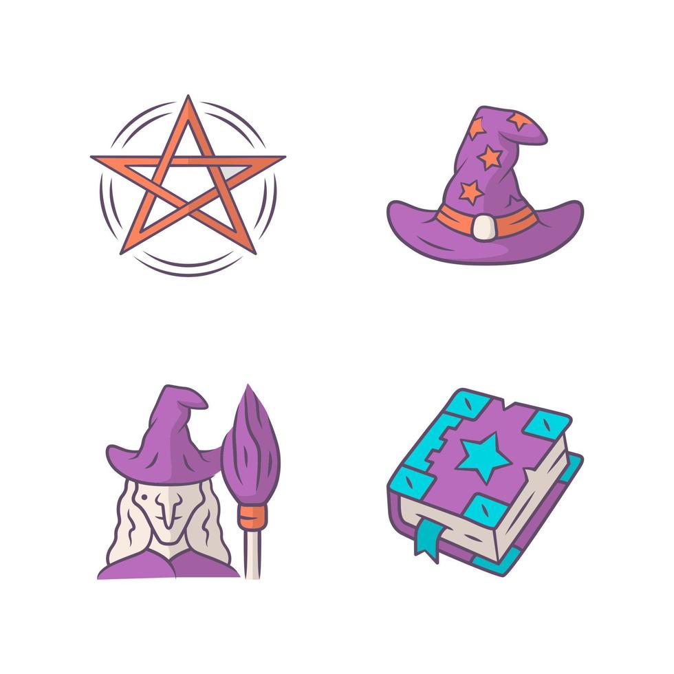 magie kleur pictogrammen set. pentagram, tovenaar hoed, heks, spellen boek. hekserij, occult ritueel artikelen. mysterie voorwerpen. geïsoleerd vector illustraties