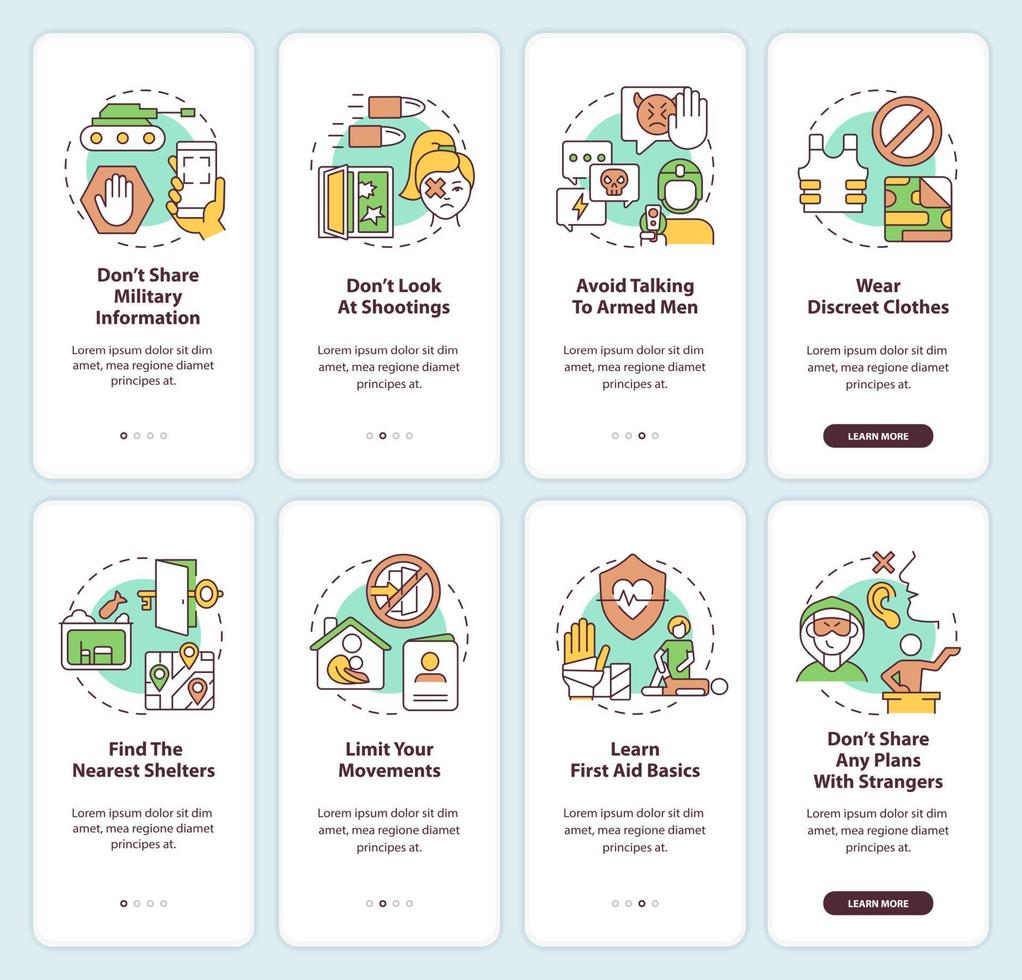 acties gedurende leger conflict onboarding mobiel app scherm set. veiligheid walkthrough 4 stappen grafisch instructies Pagina's met lineair concepten. ui, ux, gui sjabloon. vector