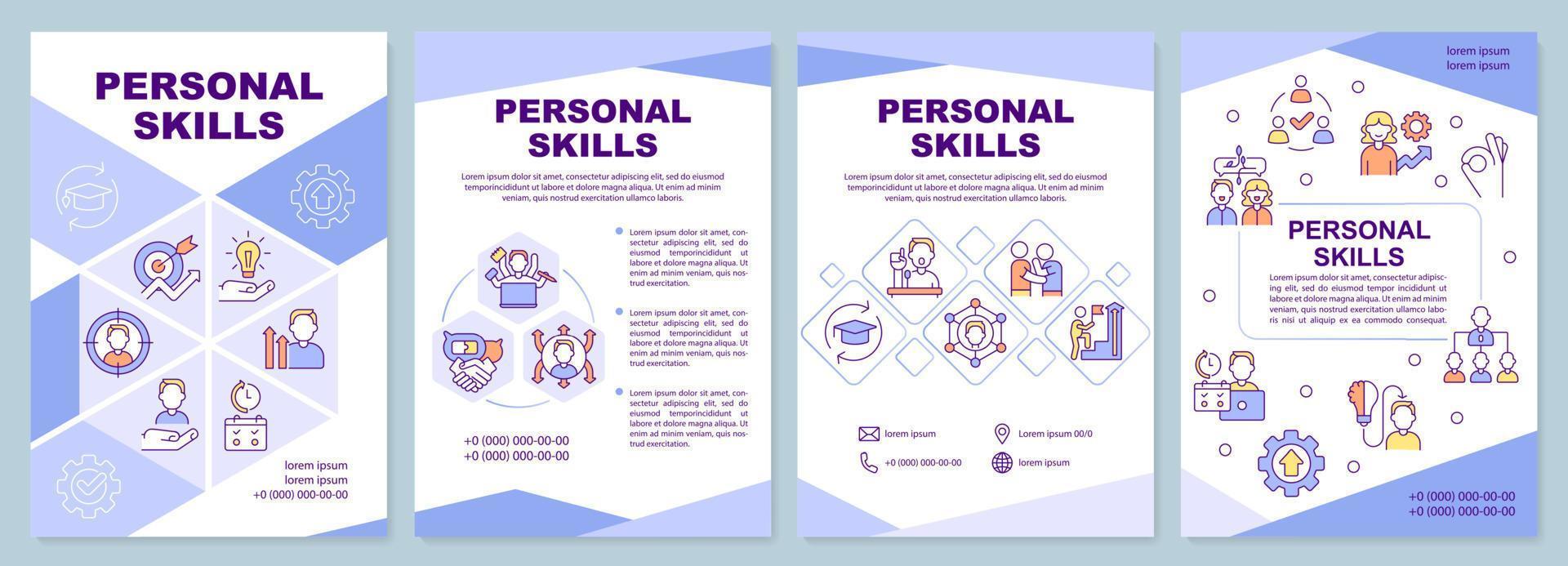 persoonlijk vaardigheden Purper brochure sjabloon. vermogens naar zetten in cv. brochure ontwerp met lineair pictogrammen. 4 vector indelingen voor presentatie, jaar- rapporten.