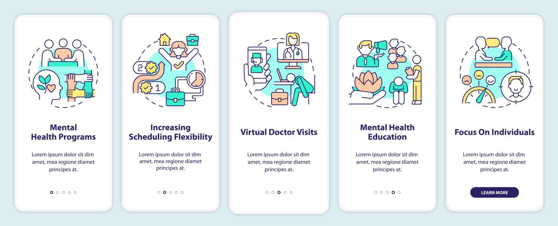 mentaal Gezondheid trends Bij werk onboarding mobiel app scherm. psychologie walkthrough 5 stappen grafisch instructies Pagina's met lineair concepten. ui, ux, gui sjabloon. vector