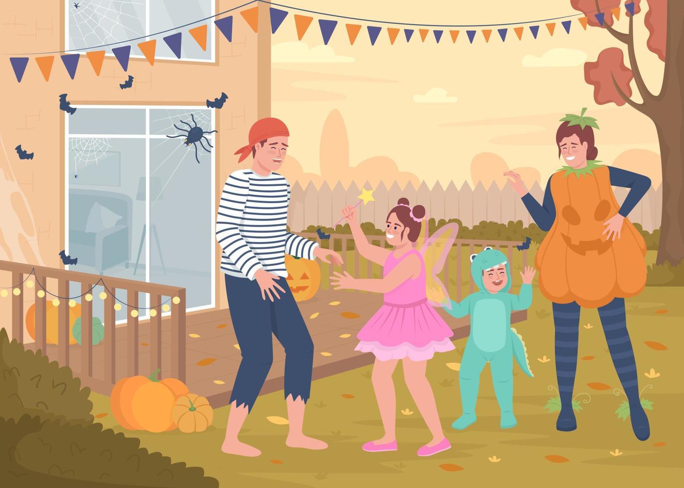 familie pret Bij achtertuin vlak kleur vector illustratie. ouders met kinderen vieren halloween. seizoensgebonden vakantie. maskerade. ten volle bewerkbare 2d gemakkelijk tekenfilm tekens met decoraties Aan achtergrond