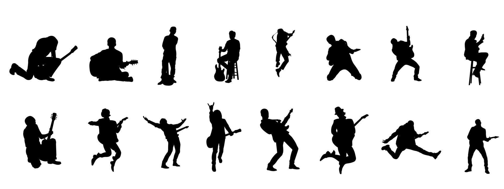 vector verzameling van silhouetten van mensen spelen gitaar. gitaar, silhouet, speler, Speel, Mens, gitarist, vector, muziek, akoestisch, steen, musicus, rocker, elektrisch, punk, menselijk, karakter