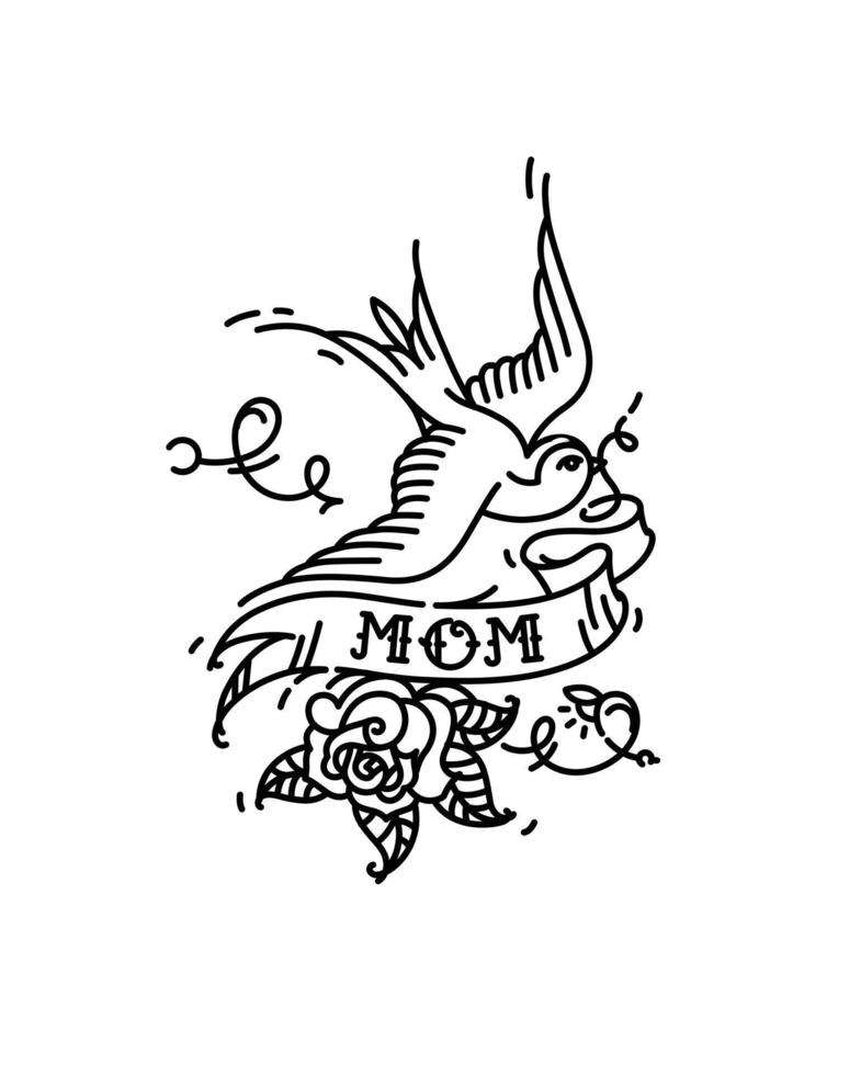 een tatoeëren van een vogel met de opschrift van mam en een rozenknop Bij de onderkant. vector illustratie. tatoeëren Amerikaans oud school. vogel slikken met lint en bloem. contour versie van de tatoeëren.