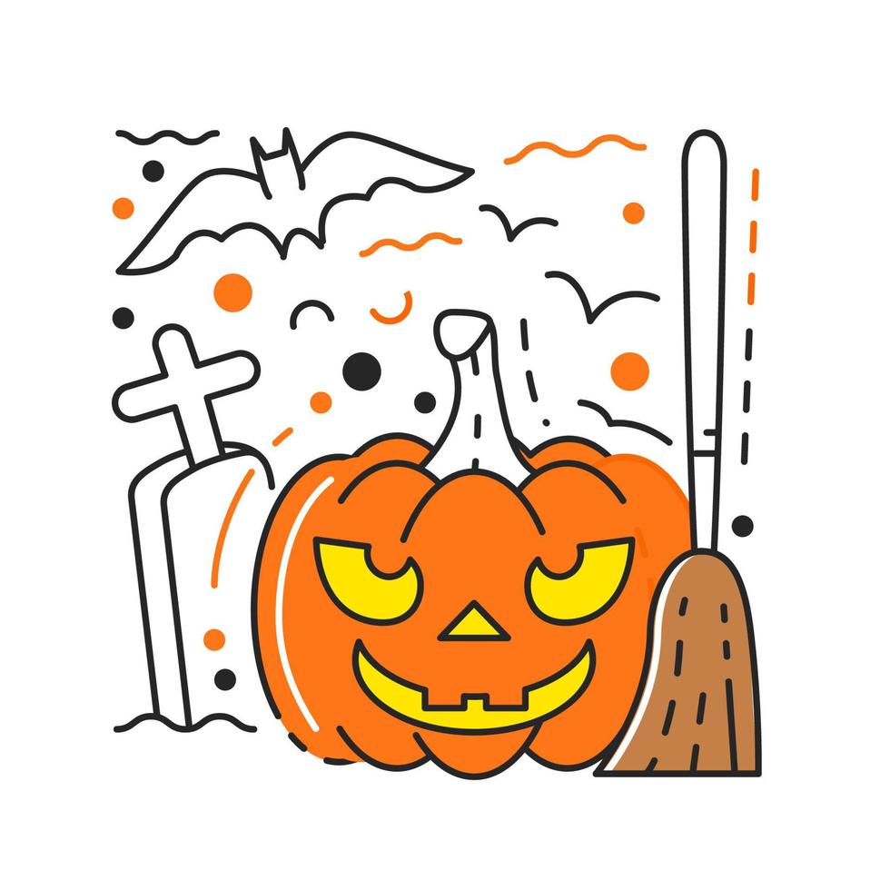 halloween tekens getextureerde concept ontwerp. jack lantaarn en traditioneel vakantie symbolen. pompoen met onheil glimlachen gezicht met graf, knuppel en bezem in begraafplaats. hand- getrokken vlak vector illustratie