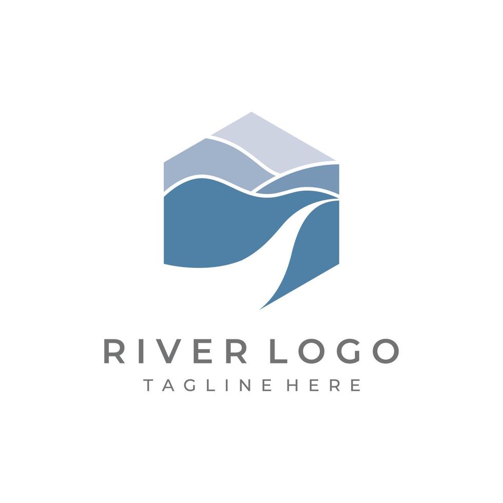 logos van rivieren, kreken, rivieroevers en stromen. rivier- logo met combinatie van bergen en bouwland met concept ontwerp vector illustratie sjabloon.