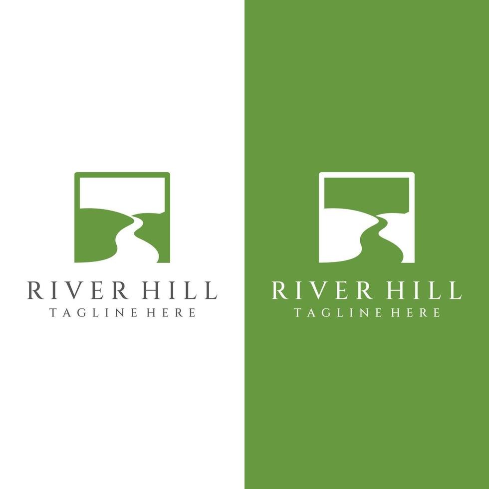 logos van rivieren, kreken, rivieroevers en stromen. rivier- logo met combinatie van bergen en bouwland met concept ontwerp vector illustratie sjabloon.